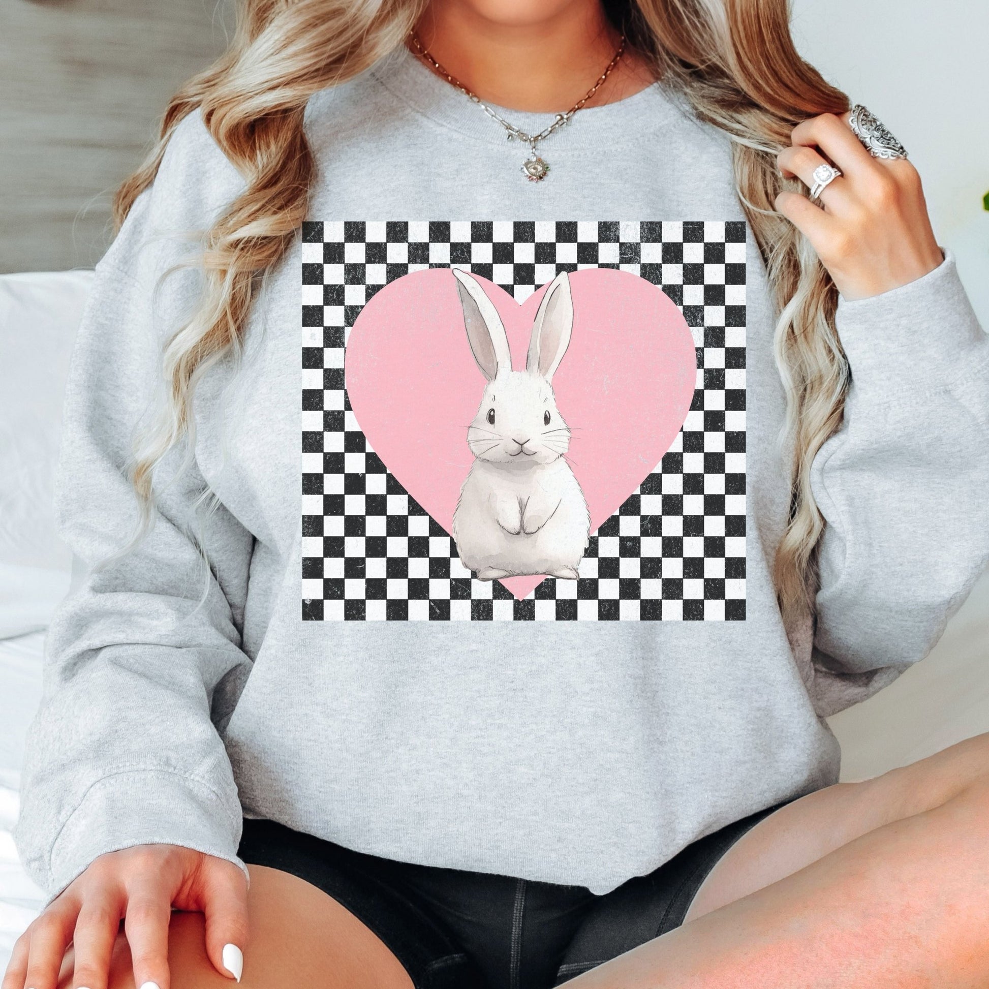Retro Checkered Heart with Bunny Unisex Sweatshirt - Chester & Co.