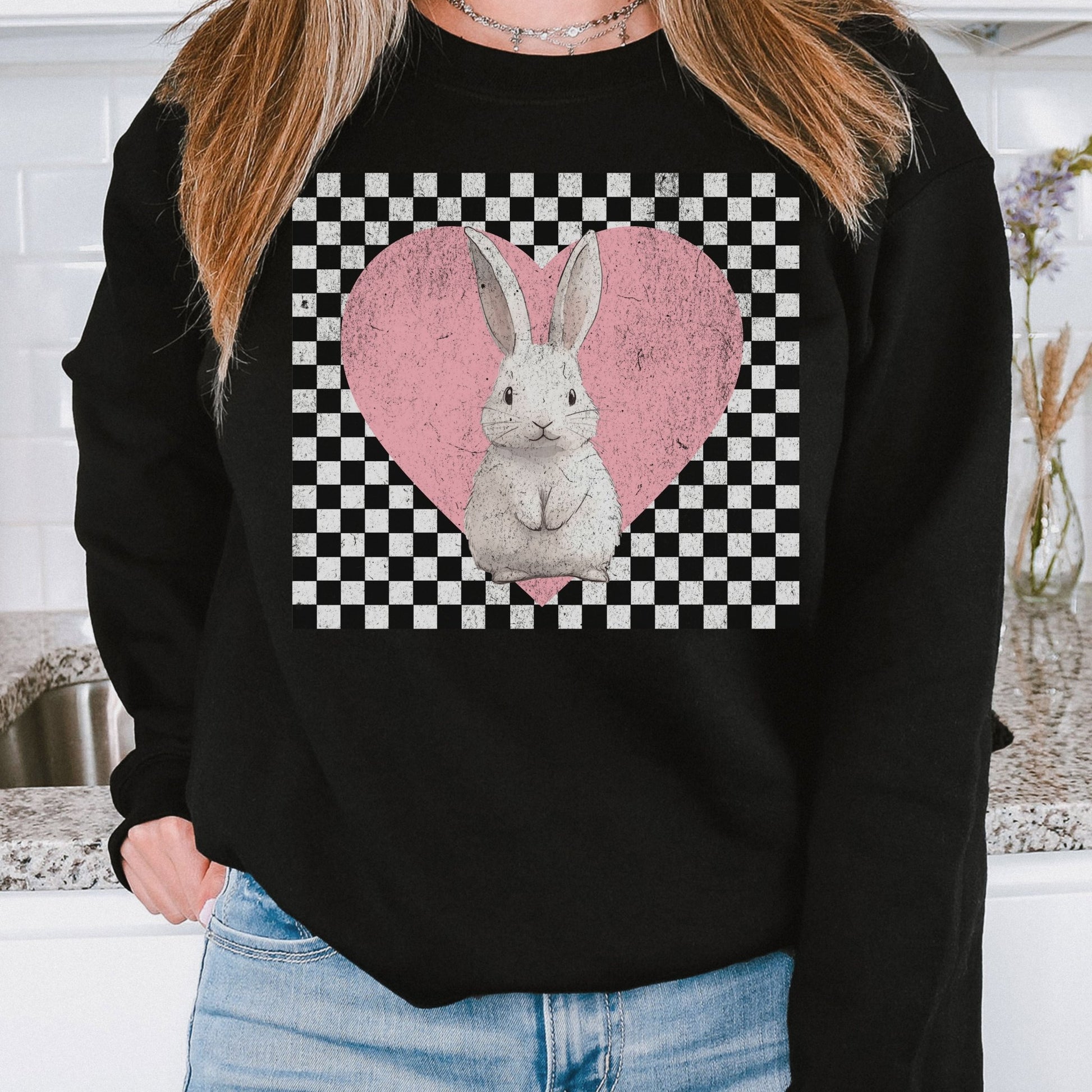 Retro Checkered Heart with Bunny Unisex Sweatshirt - Chester & Co.
