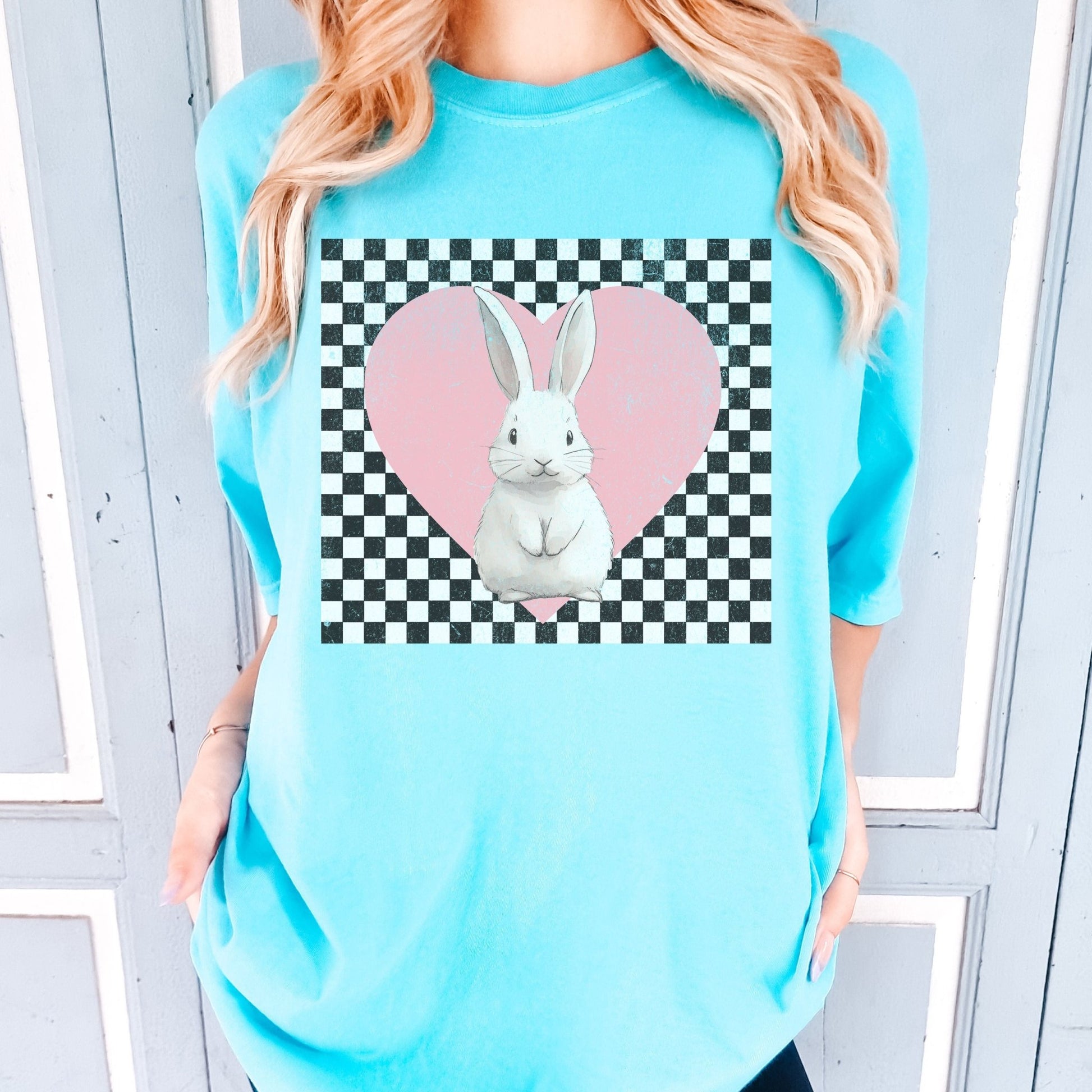 Retro Checkered Heart with Bunny Unisex Garment - dyed Heavyweight T-Shirt - Chester & Co.