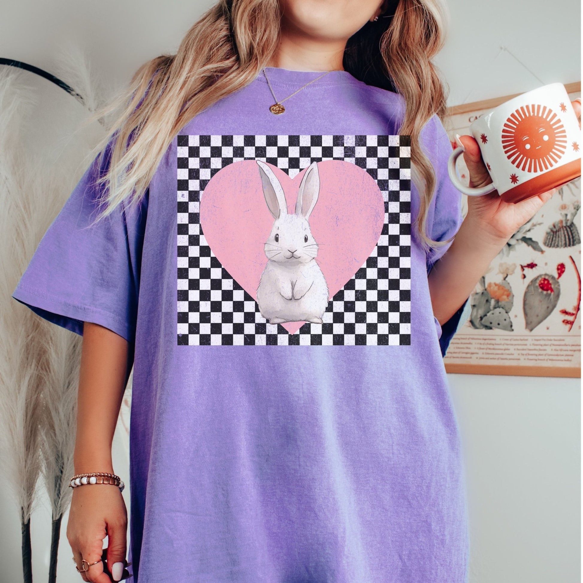 Retro Checkered Heart with Bunny Unisex Garment - dyed Heavyweight T-Shirt - Chester & Co.