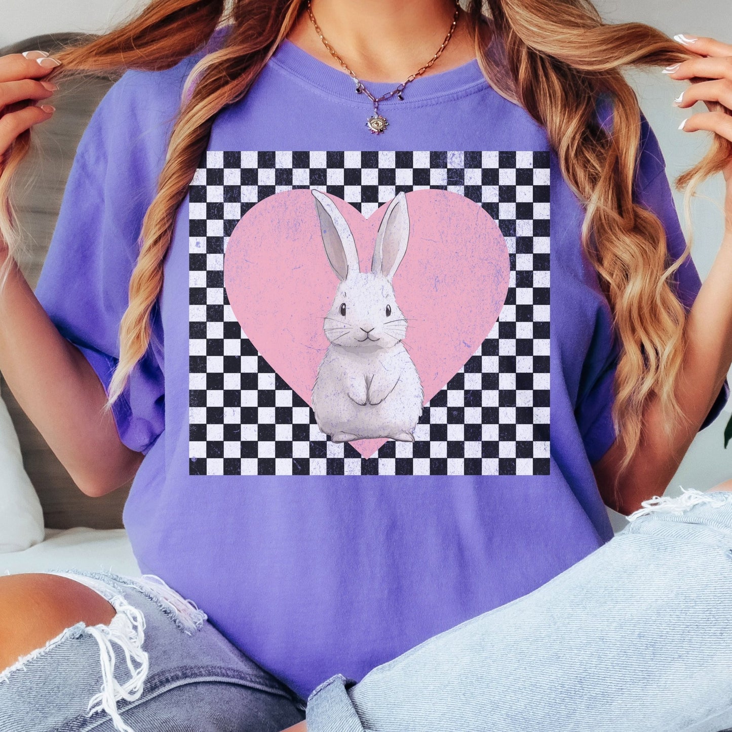 Retro Checkered Heart with Bunny Unisex Garment - dyed Heavyweight T-Shirt - Chester & Co.