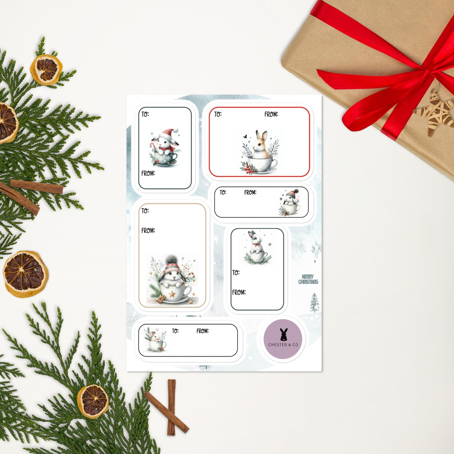 Christmas Teacup Bunnies Gift Tag Sticker Sheet - Chester & Co.