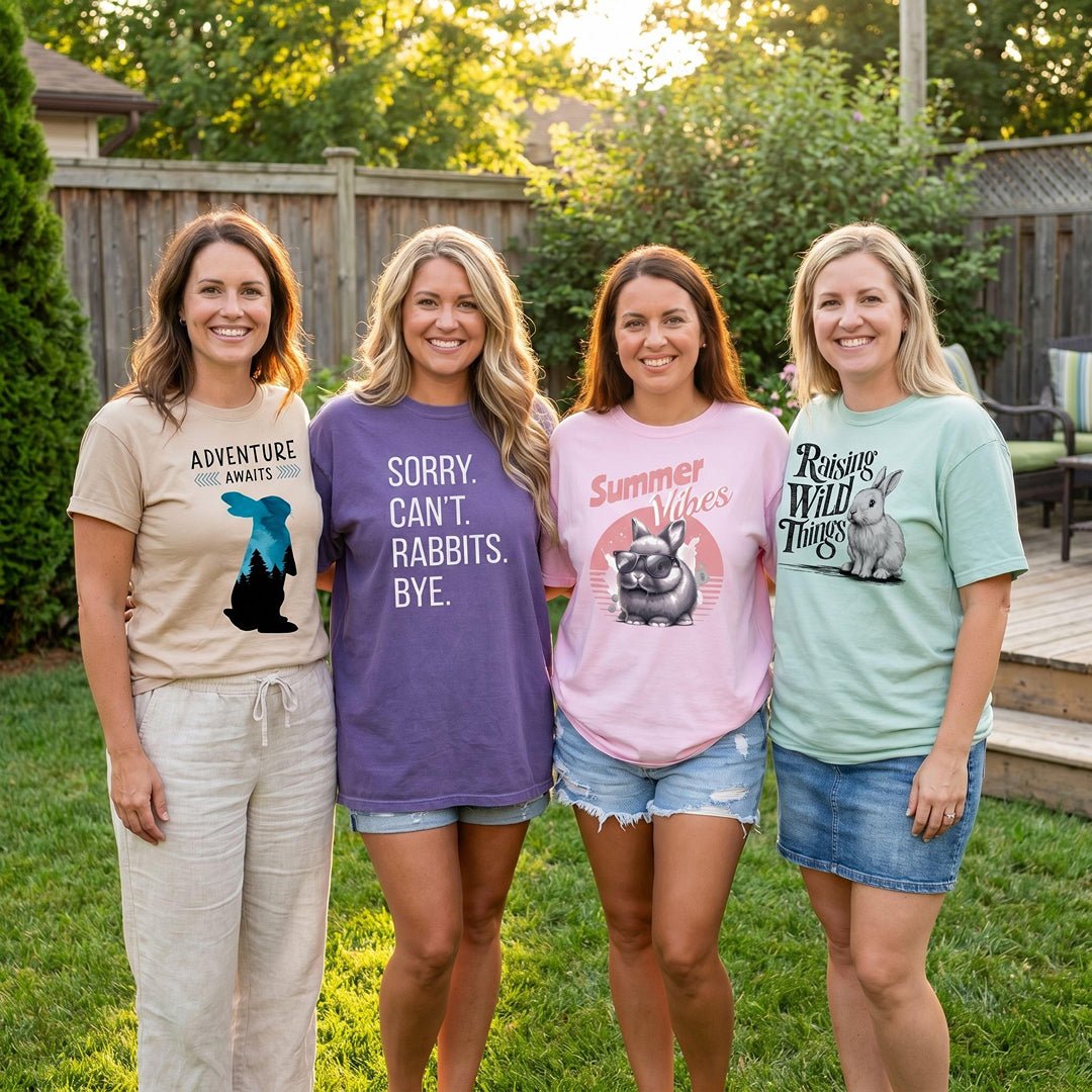 A group of 4 women stand together in a backyard wearing Chester & Co. bunny-themed Summer t-shirts.