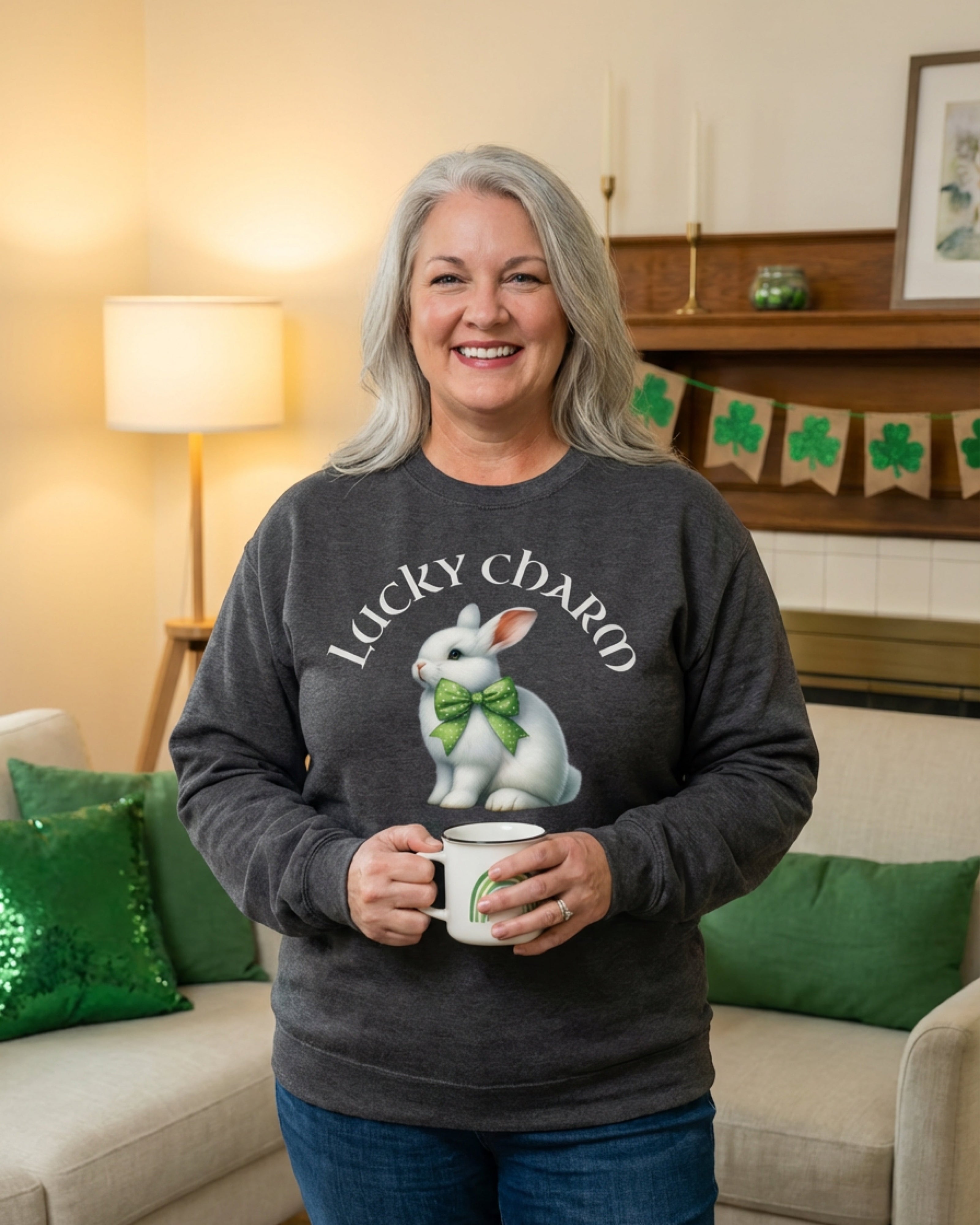 Woman wearing a dark gray sweatshirt with a bunny graphic and text, holding a mug in a living room.