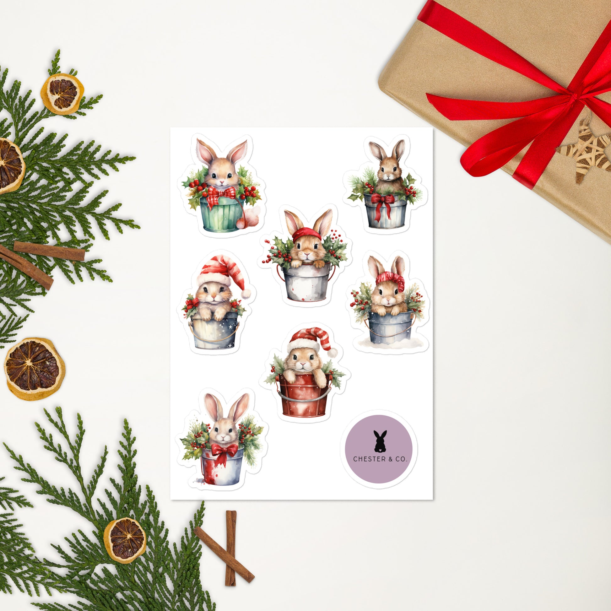 Christmas Bunnies in Buckets Sticker Sheet - Chester & Co.