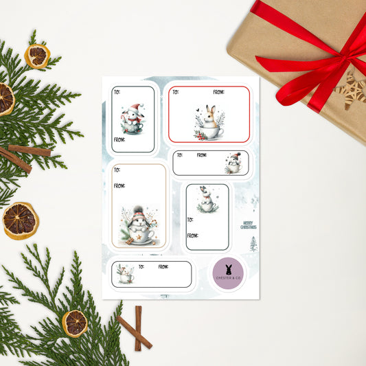 Christmas Teacup Bunnies Gift Tag Sticker Sheet - Chester & Co.
